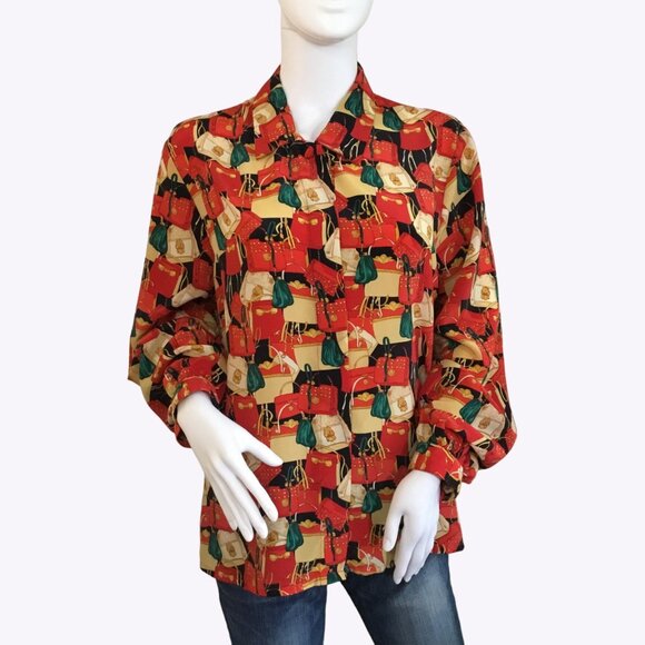 Vintage Long Sleeve Polyester Button Front Blouse Purse Print Collared Size L - Picture 1 of 6